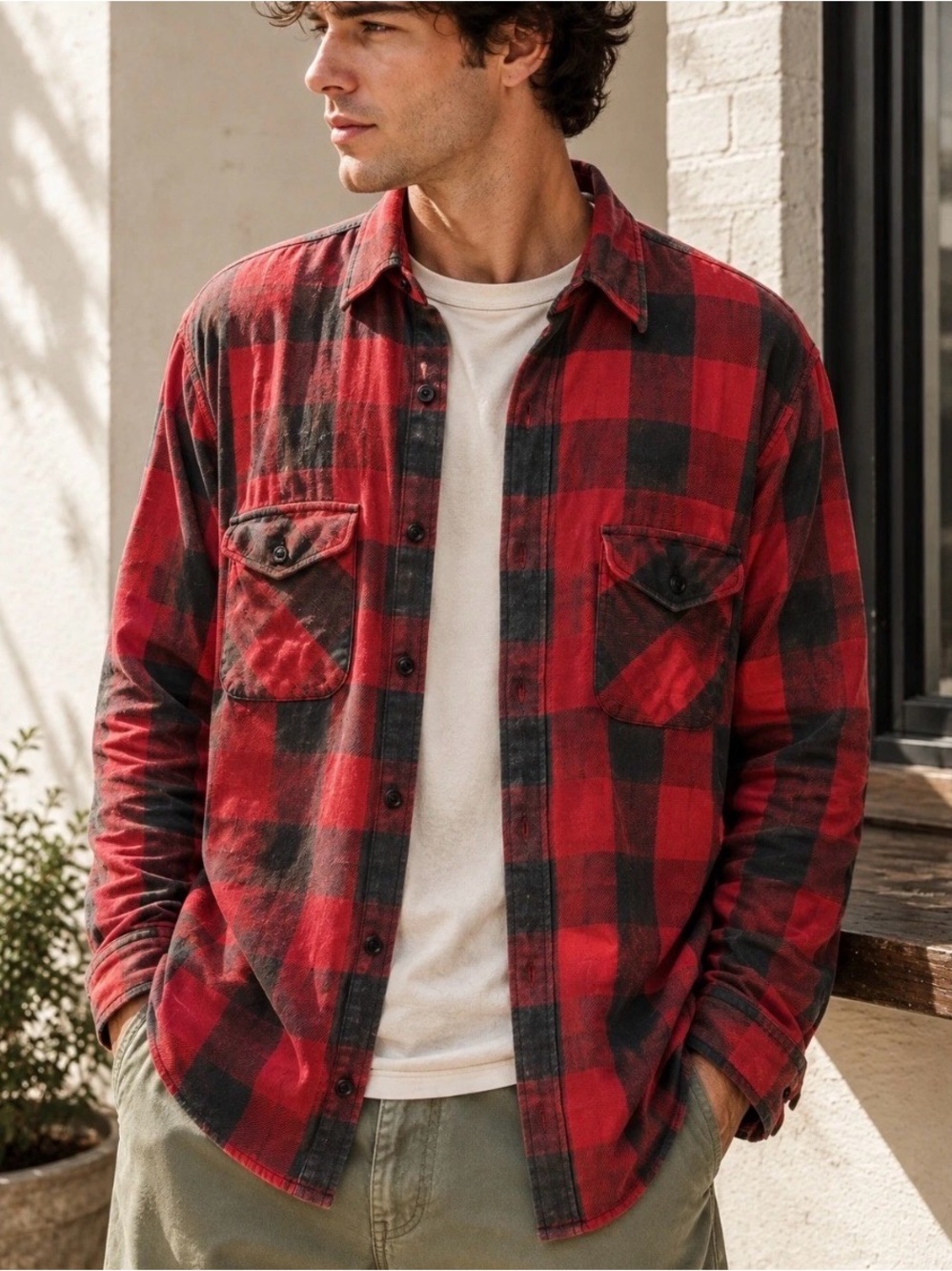 Wallace & Barnes J.Crew Buffalo Plaid Flannel Workshirt Red Black XL